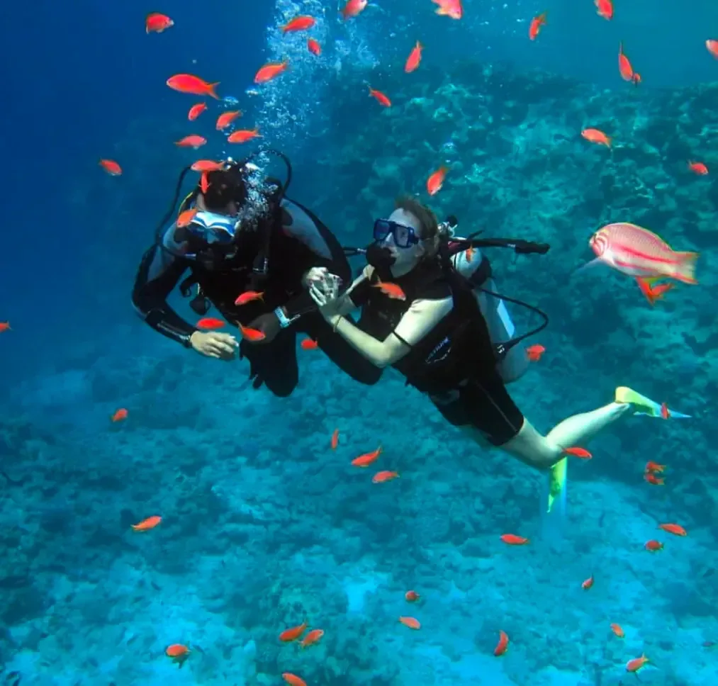 Smiling diver swimming toward the camera with her dive group behind on an Open Water dive