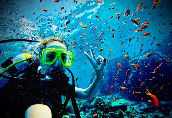 Smiling diver swimming toward the camera with her dive group behind on an Open Water dive
