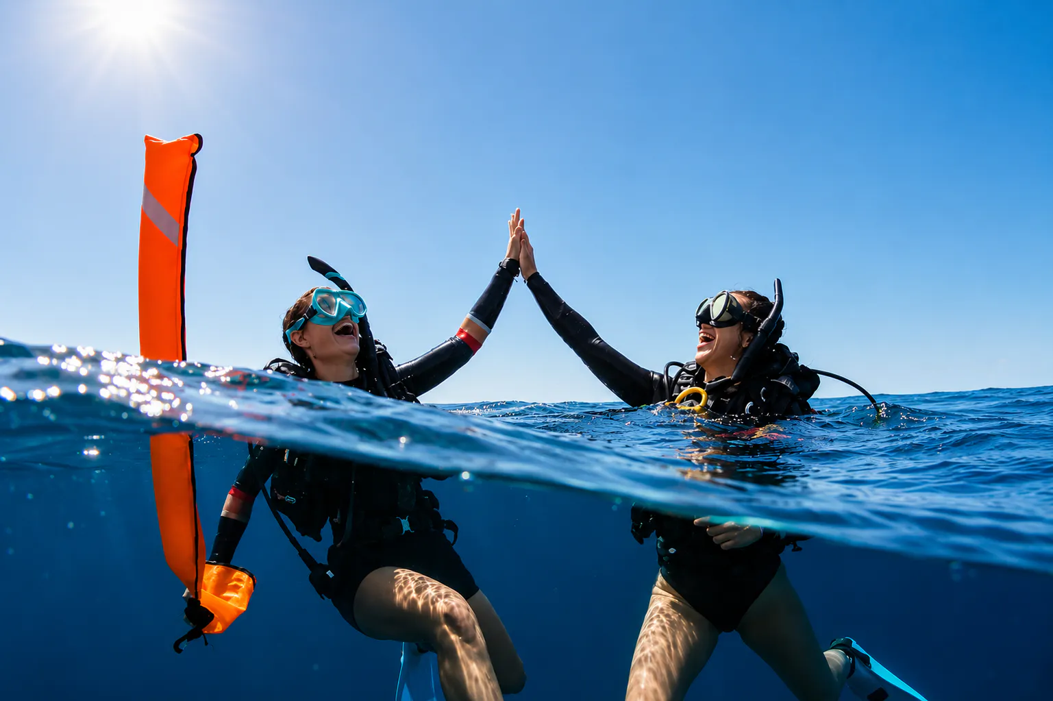 Two divers high-fiving at the surface after a Red Sea dive